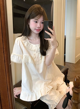 甜美可爱蕾丝花边睡衣女款夏季2025新款圆领短袖短裤可外穿家居服
