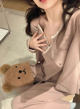 甜美提花棉ins简约纯色带胸垫睡衣女春秋季新款吊带家居服三件套