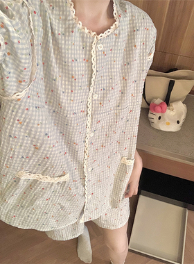简约碎花格子睡衣夏季女2024新款圆领花边棉麻夏天短袖家居服套装