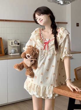 夏天可爱小熊波点薄款棉麻睡衣夏季女款2024新款短袖家居服两件套