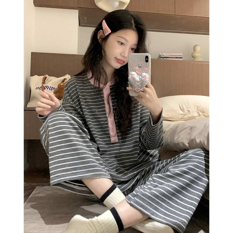简约条纹撞色睡衣女秋冬季图片