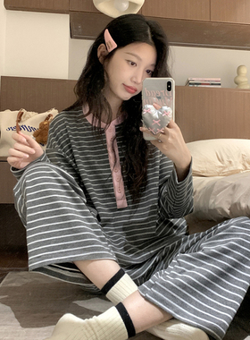 韩系简约条纹撞色睡衣女秋冬季2024新款圆领拼接宽松两件套家居服