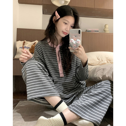 简约条纹撞色睡衣女秋冬季