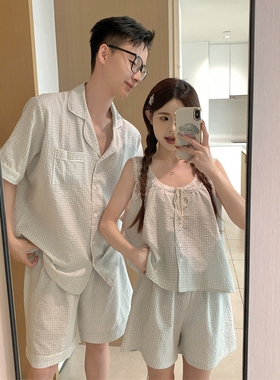 甜美格子情侣棉麻睡衣女款夏季一男一女背心短裤可外穿家居服套装