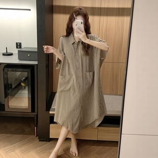 开衫 韩版 简约宽松中长款 条纹纯棉纱布衬衫 可外穿家居服 睡裙女夏季
