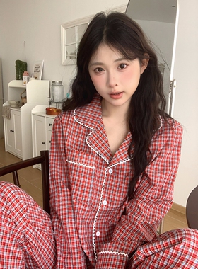 韩系格子简约长袖睡衣女春秋季休闲棉麻花边翻领开衫两件套家居服
