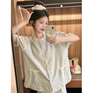 宽松家居服套装 甜美小碎花格子棉麻睡衣女款 短裤 圆领花边短袖 夏季