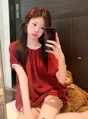 温柔碎花蕾丝花边棉纱睡衣女夏季2025新款甜美短袖短裤家居服套装