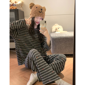 韩系条纹德绒睡衣女秋冬季2024新款简约舒适休闲慵懒家居服两件套