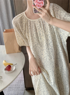甜美小碎花棉麻睡裙女夏季短袖纱布小清新睡衣圆领宽松舒适家居服