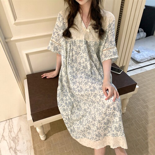 优雅复古碎花短袖中长裙家居服