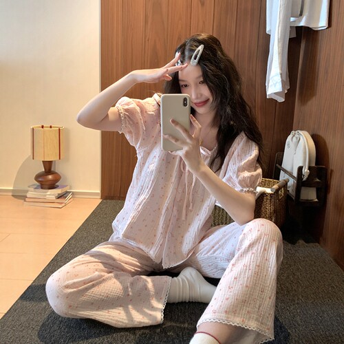 休闲碎花棉纱布睡衣女夏季