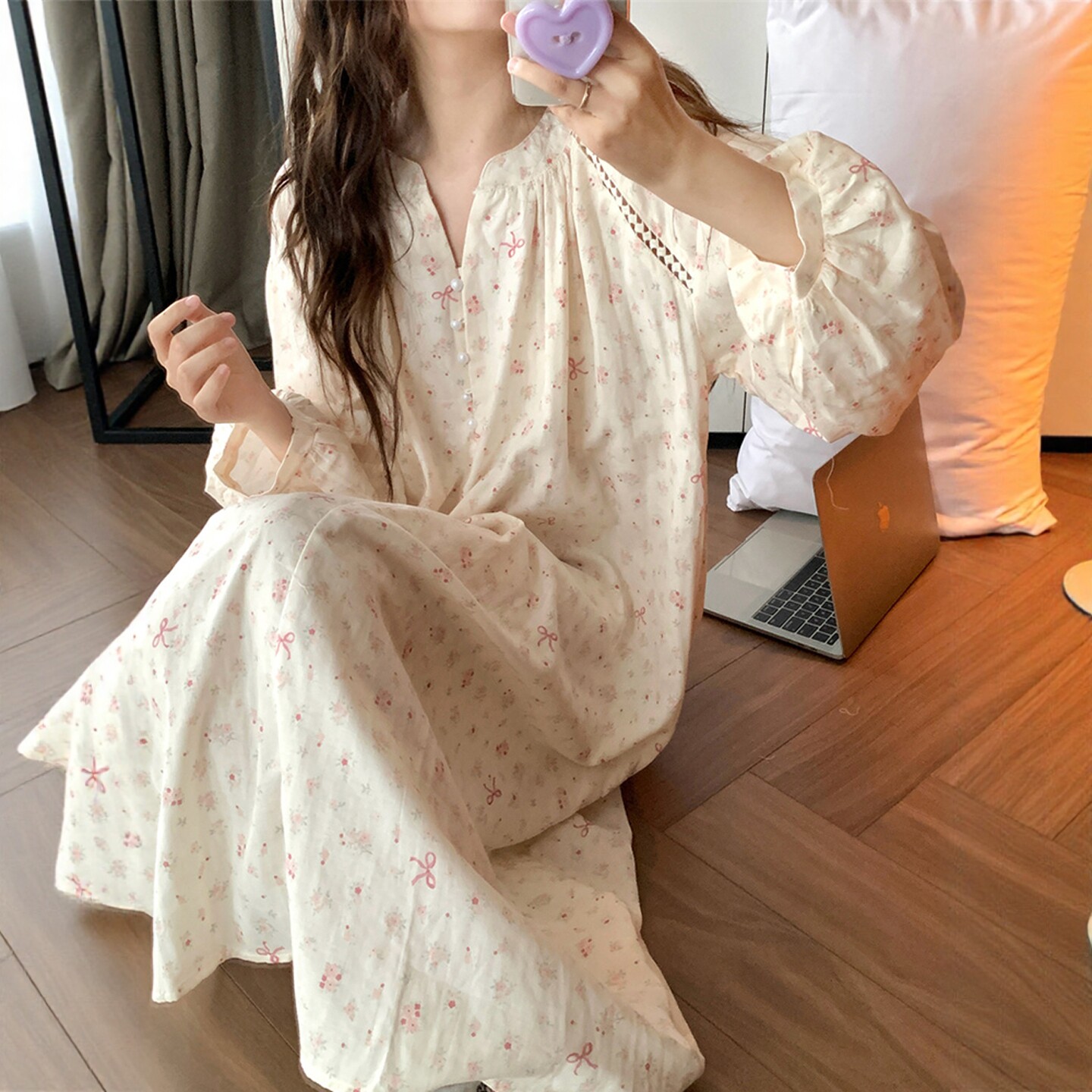 韩系碎花纯棉V领长袖新款睡裙图片