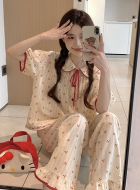 甜美小樱桃全棉睡衣女款夏宽松可爱宽松短袖长裤可外穿家居服套装
