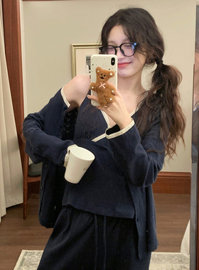 春秋季甜美简约纯色针织提花棉ins撞色带胸垫睡衣女三件套家居服