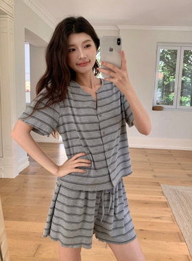韩版条纹针织小V领睡衣女款夏季2025新款开衫短袖短裤家居服套装