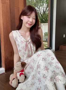 甜美温柔粉色玫瑰花边无袖睡裙女款夏季纱布背心吊带可外穿家居服
