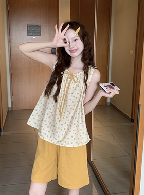 甜美碎花棉纱睡衣女夏季2025新款小清新休闲背心短裤两件套家居服