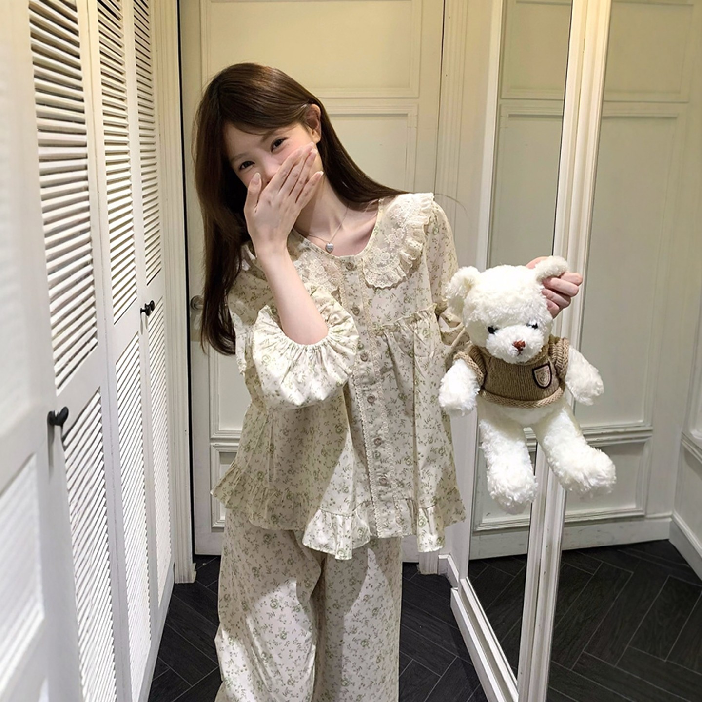 甜美碎花娃娃领蕾丝边长袖睡衣女秋冬季公主风重工宽松家居服套装,女士内衣/男士内衣/家居服,睡衣/家居服套装,淘宝优惠券,粉丝福利购,淘宝优惠卷