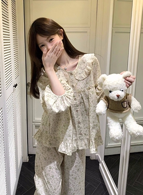 甜美碎花娃娃领蕾丝边长袖睡衣女秋冬季公主风重工宽松家居服套装