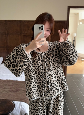 韩系小豹纹简约棉麻睡衣女春秋季休闲舒适长袖长裤宽松套装家居服