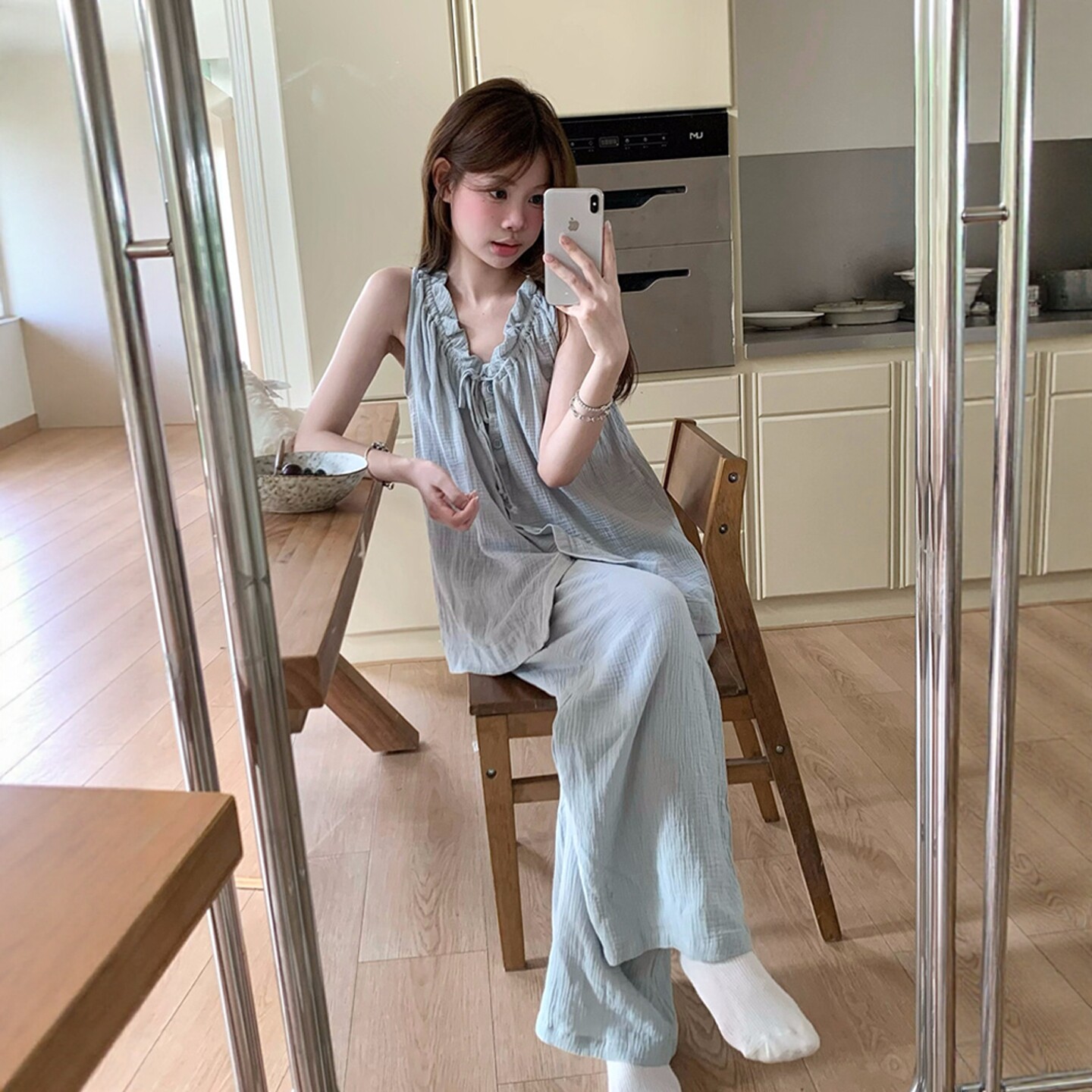 韩版纯色少女夏季背心吊带长裤纯棉纱睡衣女休闲吊带两件套家居服