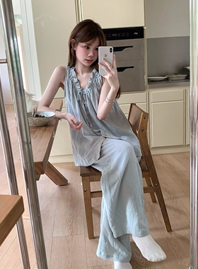 韩版纯色少女夏季背心吊带长裤纯棉纱睡衣女休闲吊带两件套家居服