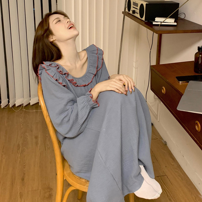 韩版ins风休闲棉麻睡裙女春秋季图片