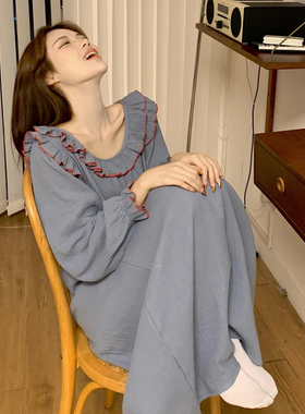 韩版ins风休闲棉麻睡裙女春秋季新款宽松双层纱布睡衣舒适家居服