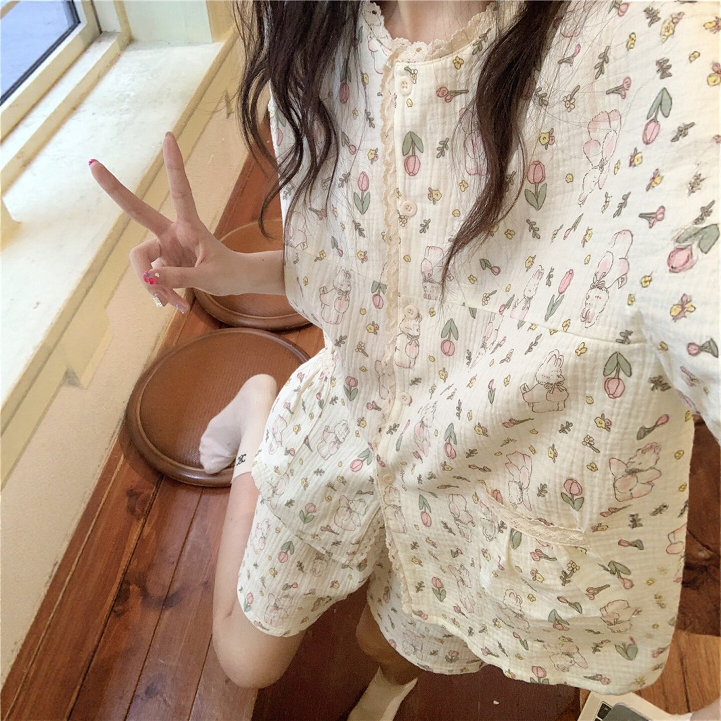 卡通兔子可爱棉麻睡衣女款夏季
