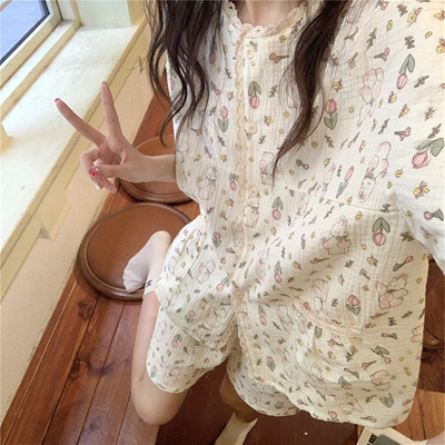 卡通兔子可爱棉麻睡衣女款夏季