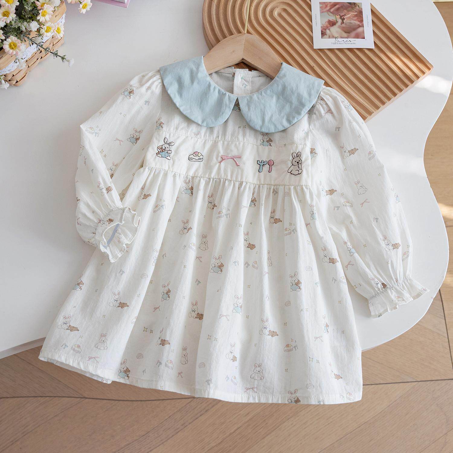 小女孩春季卡通韩范公主风碎花连衣裙25新款可爱娃娃领洋气长袖裙