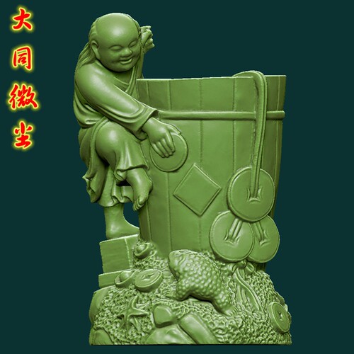 三维立体图3D打印雕刻图stl圆雕图    刘海戏金蟾笔筒
