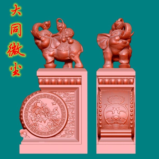 圆雕图三维图STL雕刻3D打印素材立体图精雕  9581翘象牡丹门墩