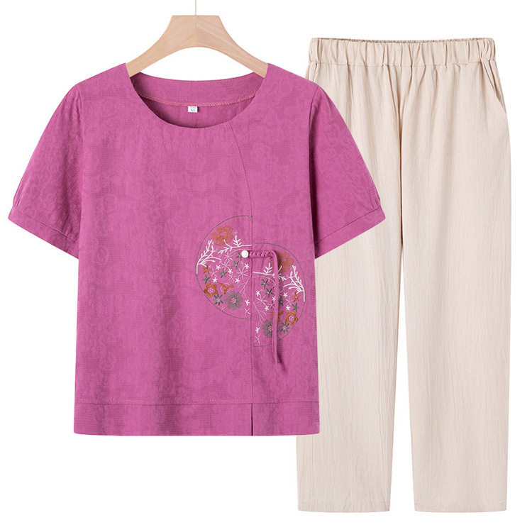 夏季妈妈装棉麻短袖两件套中年女款圆领衣服宽松休闲岁奶奶上衣