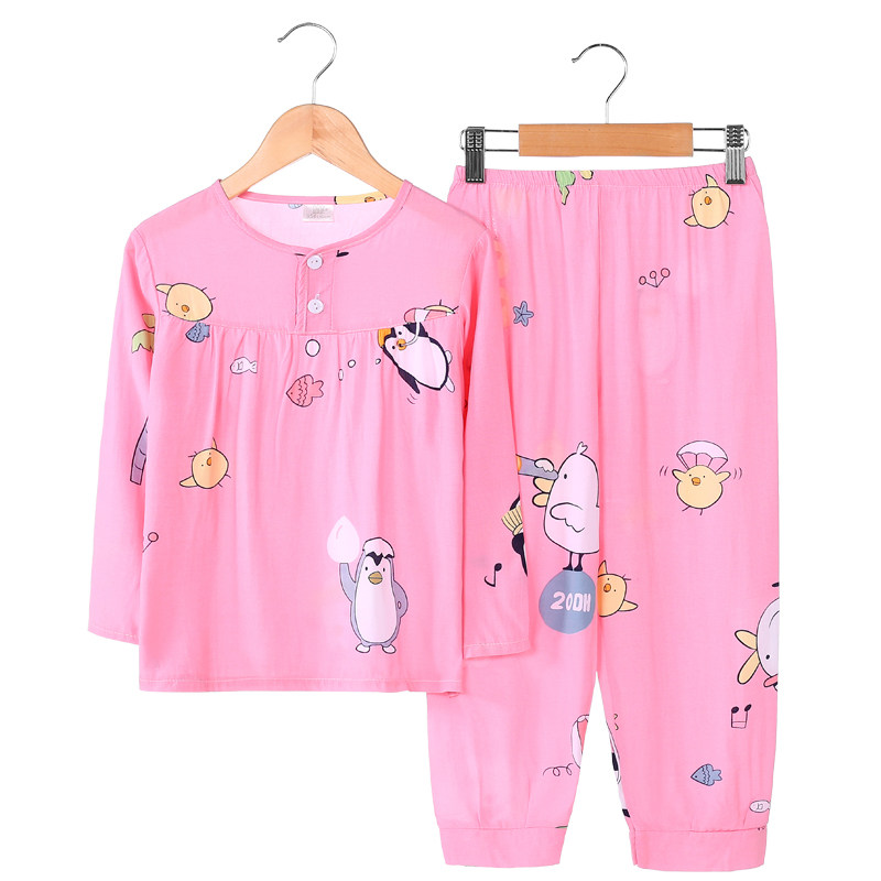 CHILDRENS PAJAMAS GIRLS SUMMER THIN COTTON SILK LONG-SLEEVED BABY AIR CONDITIONING HOME CLOTHES COTTON SILK GIRLS PAJAMAS SET