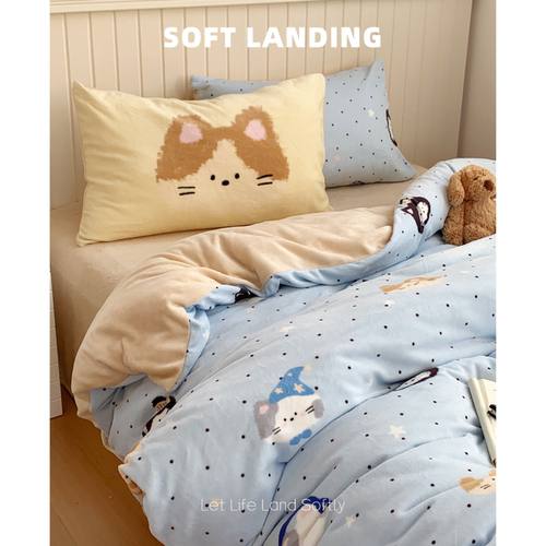 SOFT LANDING | 韩系卡通猫咪秋冬四件套保暖加厚牛奶绒套件床单