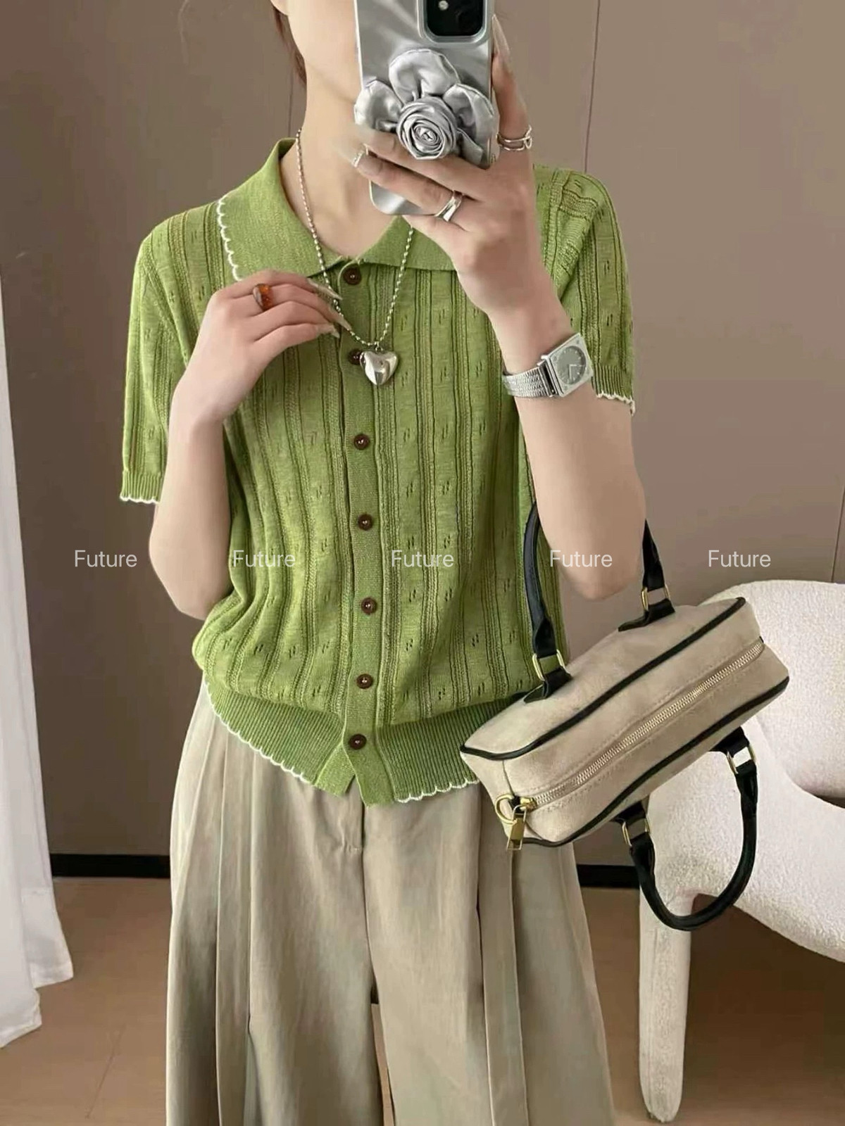 拼色翻领短袖针织衫女显瘦毛衣上衣时尚冰丝薄款亚麻夏开衫单排扣