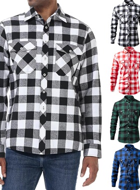 爆款亚马逊磨毛格子衬衫男欧美尺码双袋盖男士衬衣格纹休闲外套男