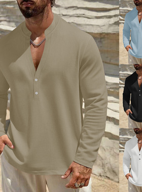 夏季欧美跨境男士休闲宽松衬衣男潮立领亚麻短袖纯色衬衫大码男装