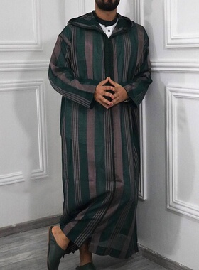 跨境民族风男装2025秋季新款速卖通拼色条纹长款穆斯林长袍连帽衫