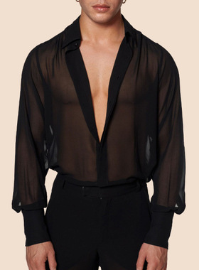 2023夏季薄款欧美男士性感透视长袖衬衫黑色夜场演出服Men shirts