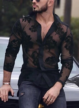 跨境欧美男士透气蕾丝长袖网眼衬衫透明时尚派对性感网纱衬衣