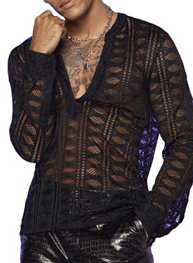 现货2024秋季新款跨境男装v领蕾丝长袖t恤网格弹力衬衫打底衫