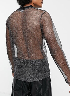 网眼长袖落肩t恤男性感夜店服闪亮透气网纱打底衫男士演出服