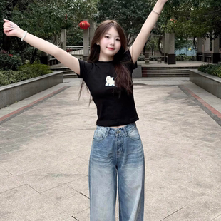知名度SHOP 正肩黑色纯棉短袖T恤女夏季甜辣小个子修身显瘦上衣服