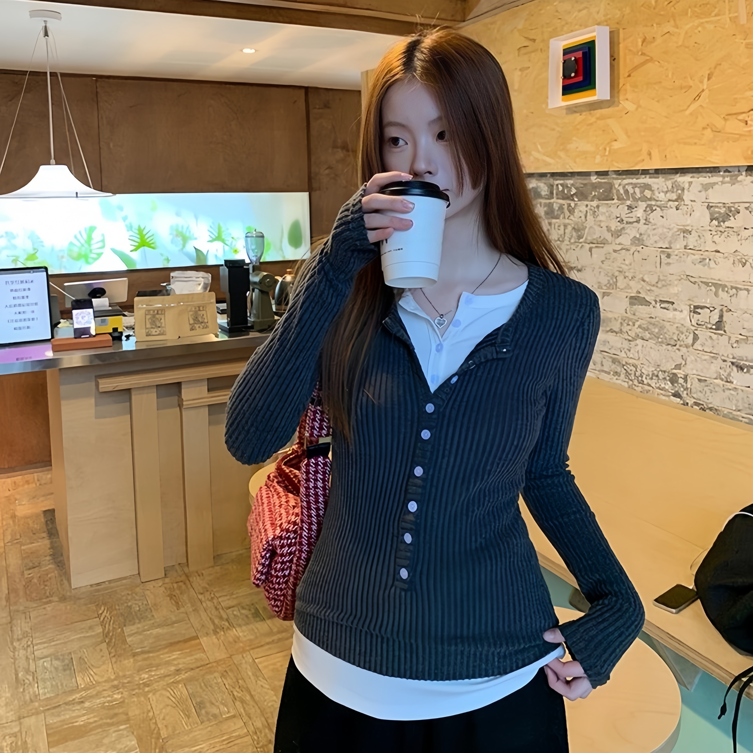 假两件拼接撞色长袖上衣打底衫女