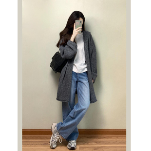 灰色连帽中长款毛衣女秋冬韩系气质宽松慵懒风高级感针织开衫外套