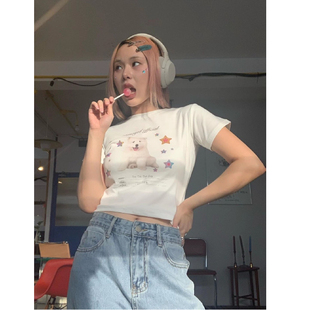 知名度SHOP 可爱小狗印花短袖T恤女夏季美式辣妹修身正肩短款上衣