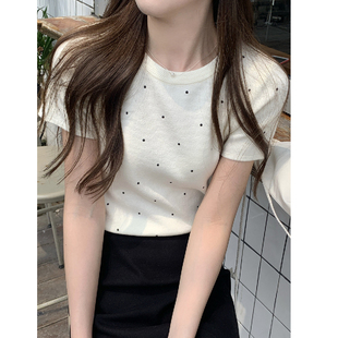 知名度 圆领波点短袖针织T恤女2026新款夏季正肩高级感小香风上衣